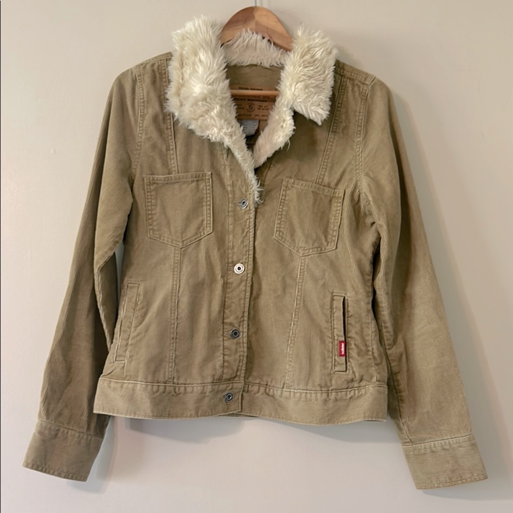 Hollister Co. | Tan Corduroy Jacket Faux Sherpa Fur Collar Large Button Up 90’s